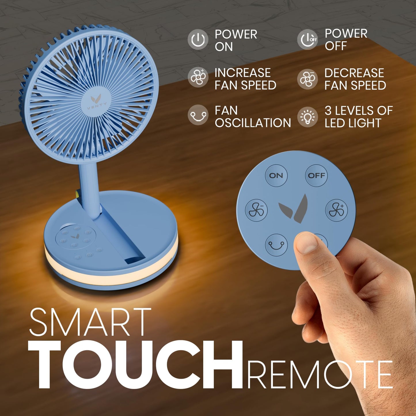 VENTY Portable Fan - Wireless Battery Operated Fan - 4 Speeds - LED Lighting - Carry Case & Remote Control - Cruise Travel - Outdoor Travel RV Power