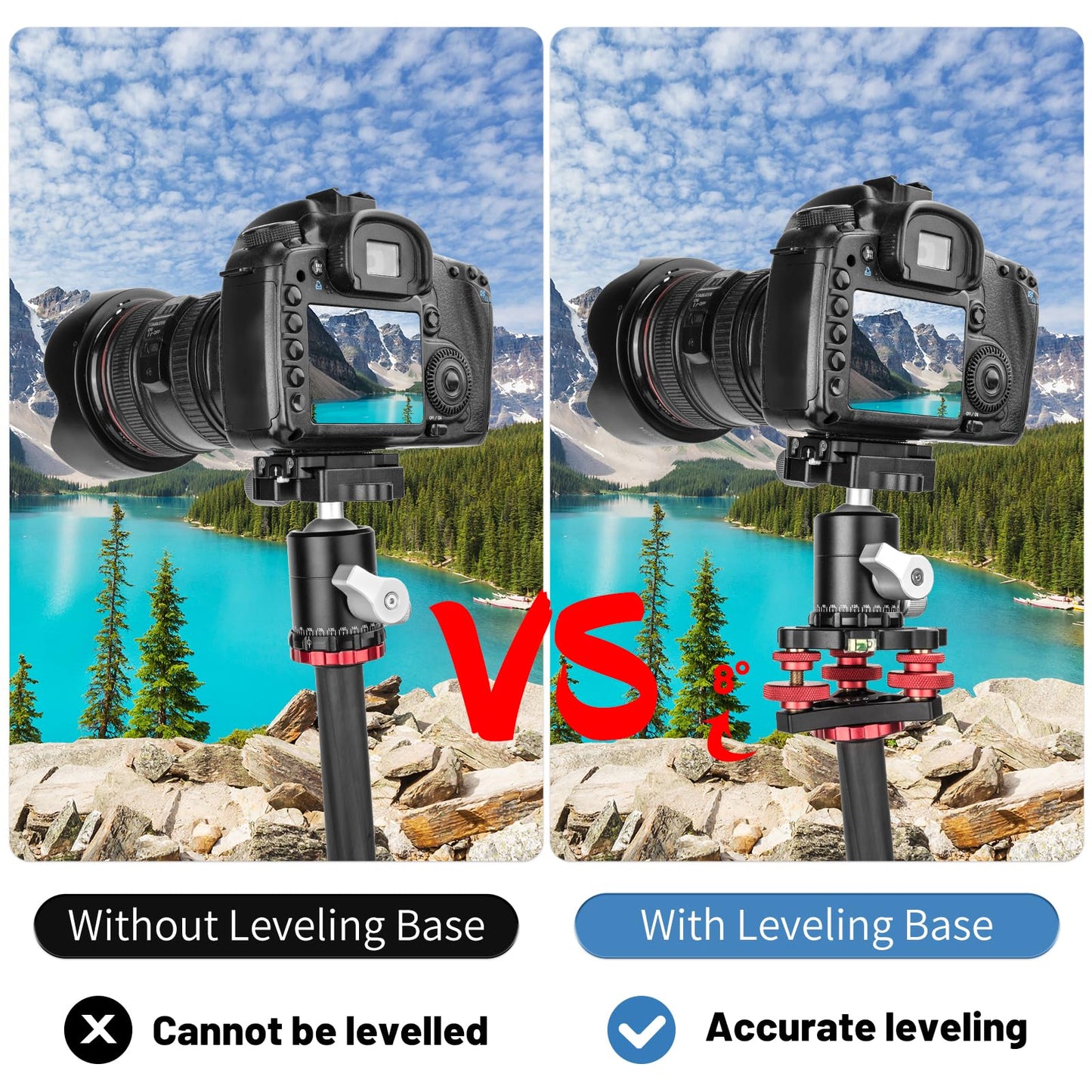 Tripod Leveling Base Camera Leveler, Aircraft Grade Aluminum Alloy 3 Axis Tri Wheel Head, 3/8” Thread, with +/-5 Degree Precision Adjustment for DSLR