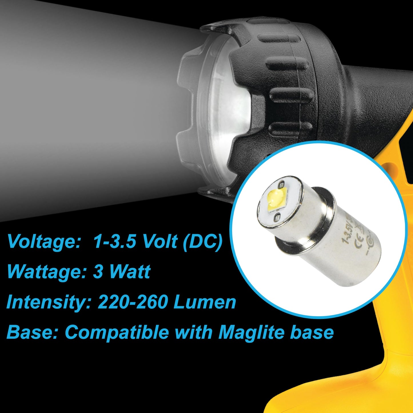 HQRP High Power 3w LED Bulb Compatible with Maglite 2D 3D / 2C 3C / 2-3 D C Cell Torch Flashlights Conversion Bulb Upgrade