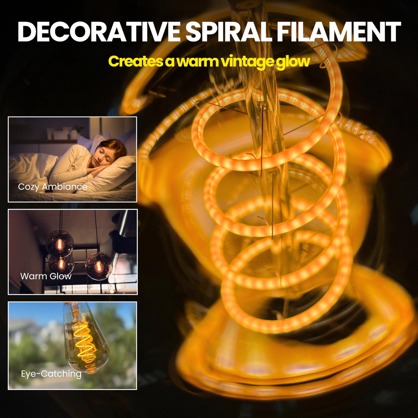 LafoHome TimelessGlow 4 Pack Dimmable ST19 ST64 LED Edison Bulbs 5W 40W Equivalent Warm Amber 2000K E26 Base CRI80 Amber Glass Spiral Filament ETL FCC