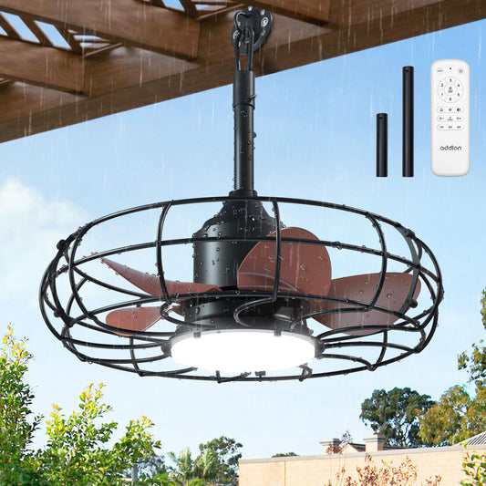 addlon 20" Outdoor Ceiling Fan with Light for Patio, IP65 Plug in Caged Fan