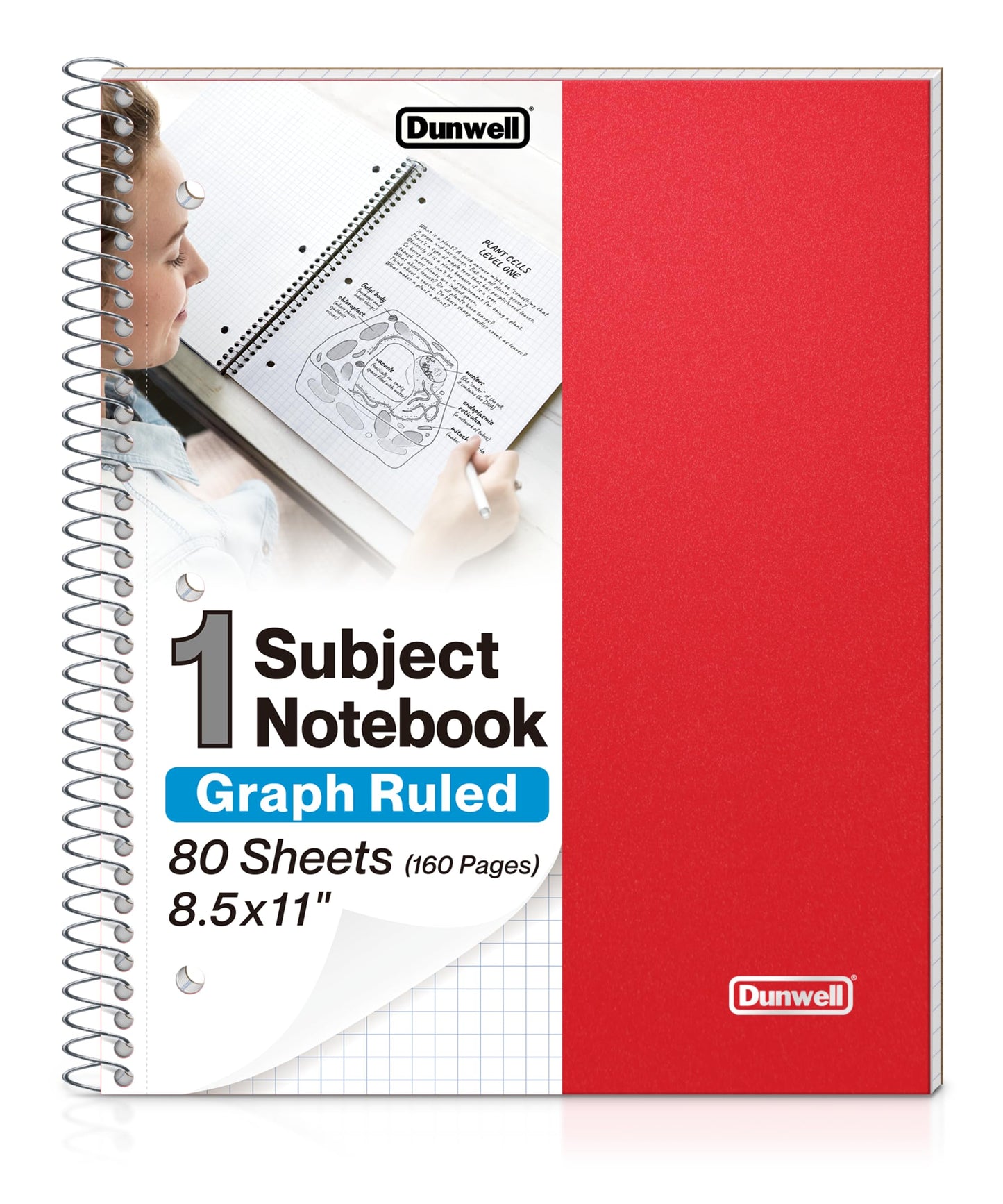Dunwell Graph Paper Notebook 8.5 x 11 (Red) Plastic Cover, 100 Sheets (200 Pages), 4x4 Squares, 1 Subject Graph Paper Spiral Notebook, 1/4" Grid