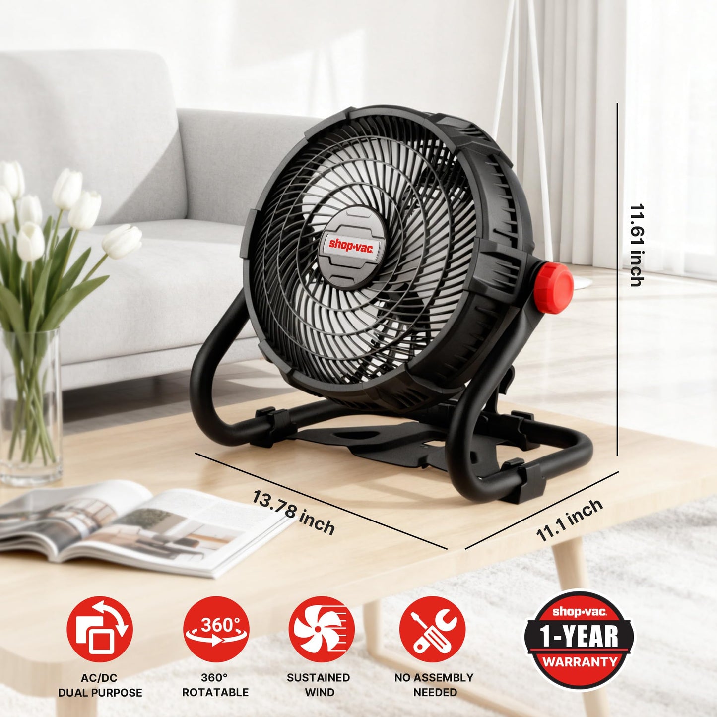 Shop-Vac 20V Portable Fan, 12-Inch Battery Powered Rechargeable Camping Fan