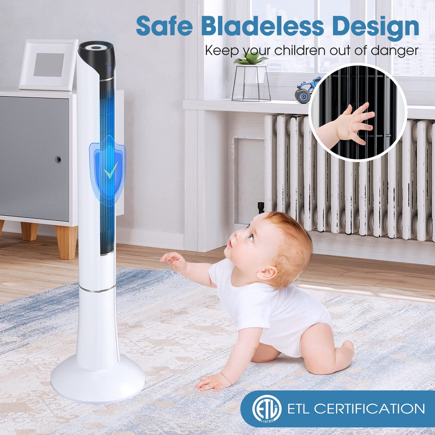 LDAILY 48” Tower Fan, 80 °Oscillating Bladeless Fan w/Remote Control, LED Display, 15H Timer, 3 Speeds, 3 Modes, Portable Quiet Standing Fan