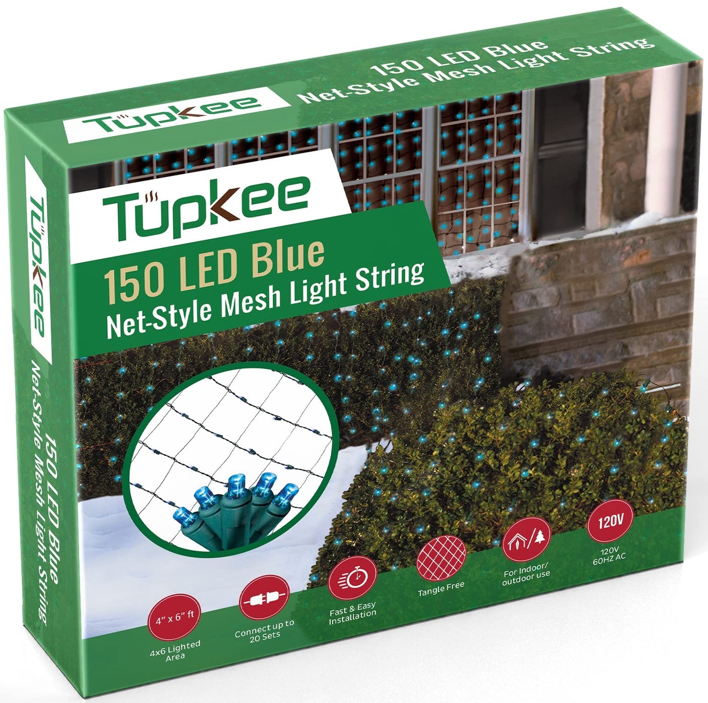 Tupkee Christmas Light Net - 150 LED Blue Mesh Lights - 4 ft x 6 ft - Outdoor/Indoor - Net Lights for Bushes, Hedges or Trees