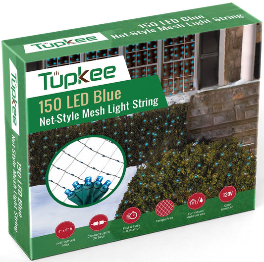 Tupkee Christmas Light Net - 150 LED Blue Mesh Lights - 4 ft x 6 ft - Outdoor/Indoor - Net Lights for Bushes, Hedges or Trees