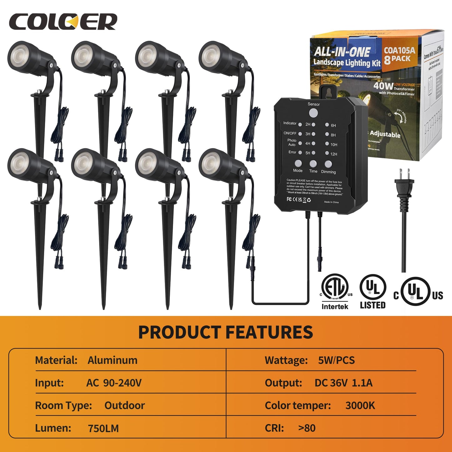 COLOER All-in-One Low Voltage Landscape Lighting Kit, 8 Pack 5W Die-cast Aluminum Landscape Lights with Transformer and Connectors, IP65 Waterproof