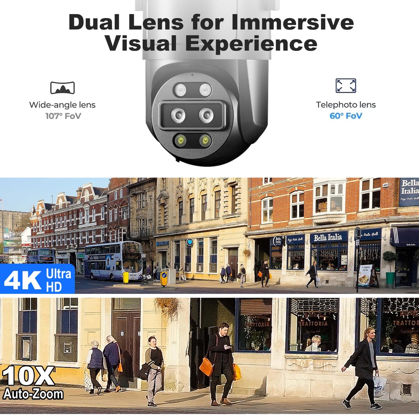 dzcctvipc 4K/8MP Dual Lens 10X Hybrid Optical Zoom PTZ Outdoor Security IP Camera,5GHz Dual Band WiFi,Auto Tracking,Color Night