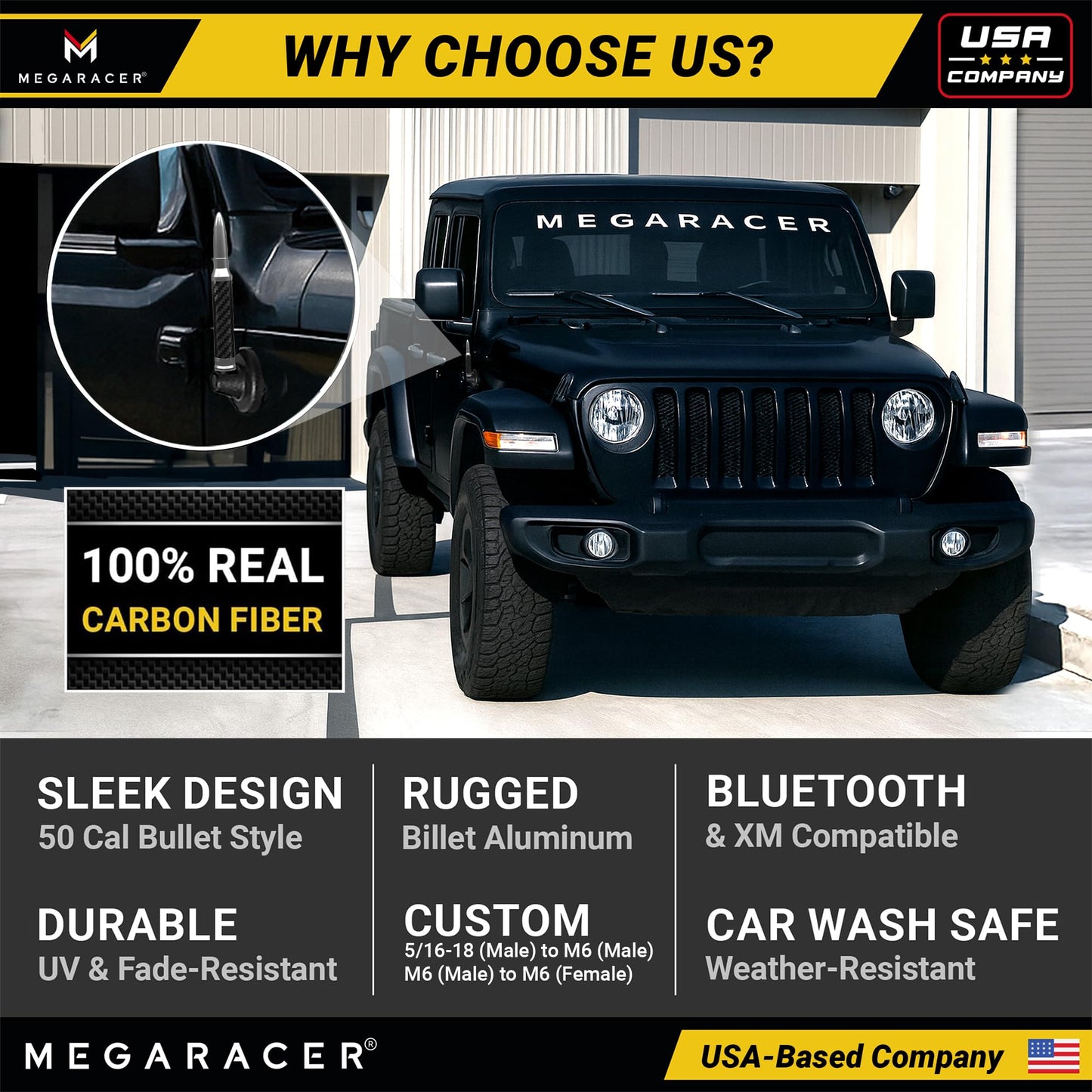 Anodized Silver Carbon Fiber 50 Cal Bullet Antenna for Jeep Wrangler JK JL & Gladiator JT (2007-2024), Rubicon Sahara Willys Mojave 4xe Accessories