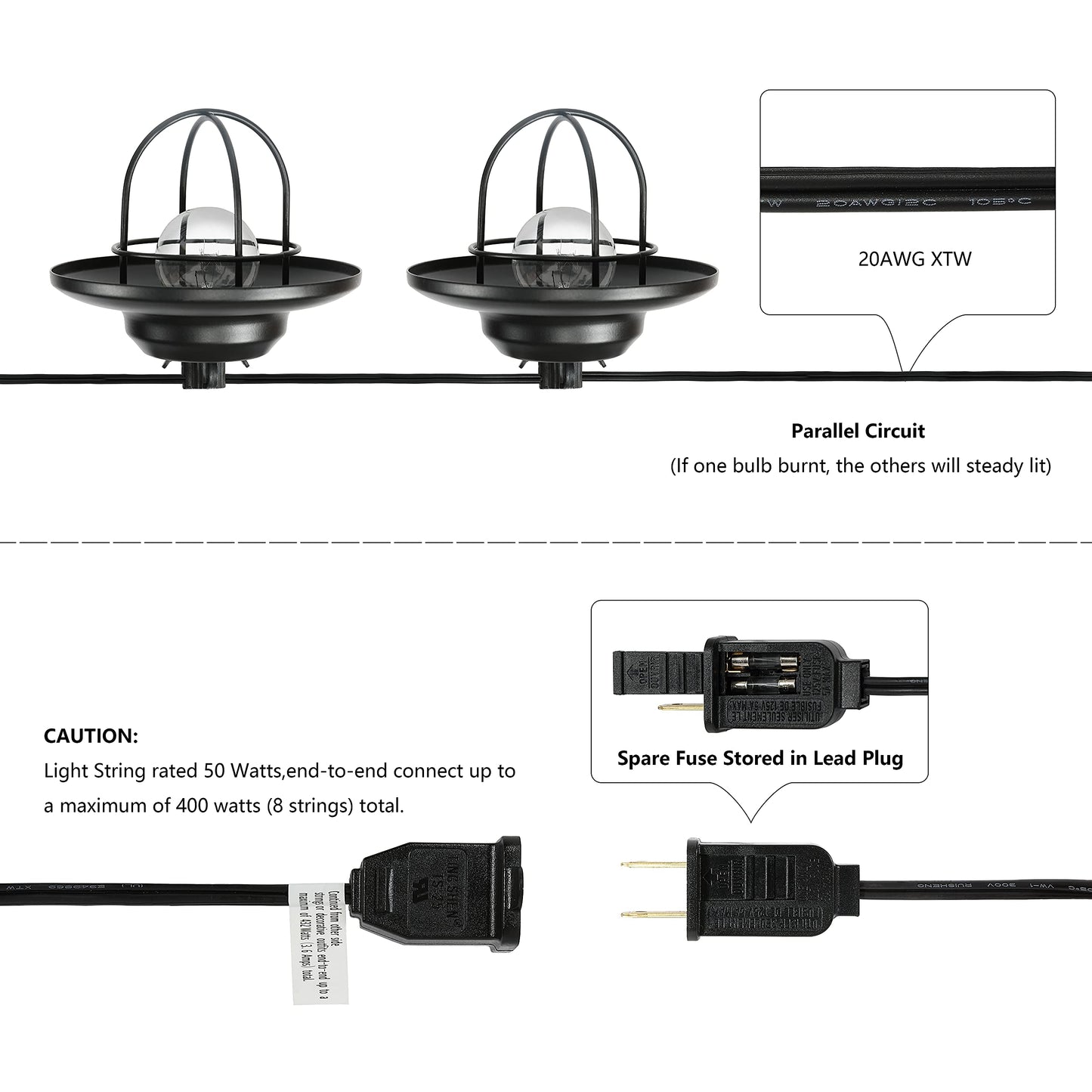 JONATHAN Y 10' Black 10-Light Rustic Farmhouse LED String Lights for Patio, Metal Cage Shade, Weatherproof Connectable Outdoor Hanging Lights, UL