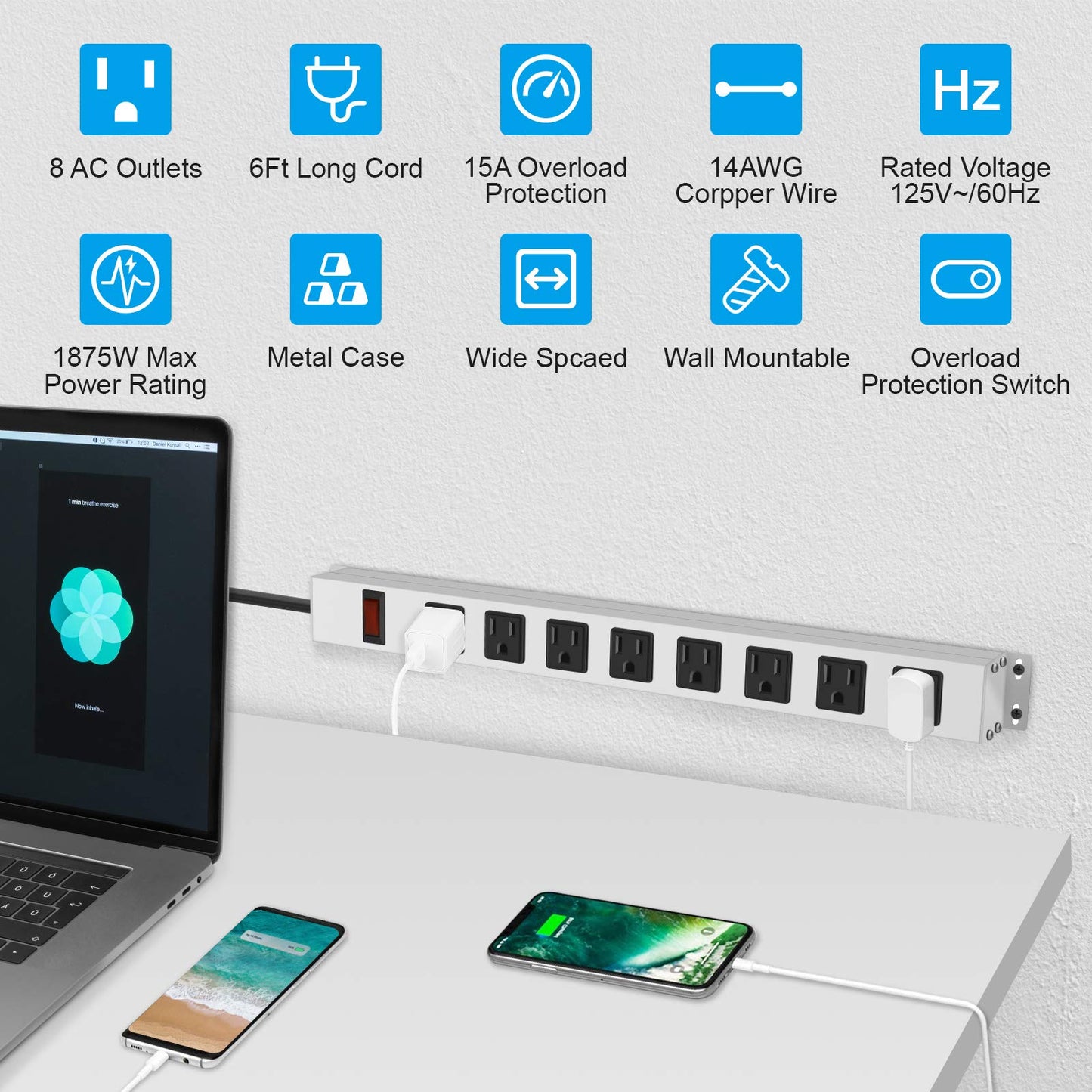 JUNNUJ Metal 8 Outlet Power Strip, Mountable Heavy Duty Power Strip, 1200J Surge Protector Wall Mount Screws Outlet with Switch, Gaming Desk Strips