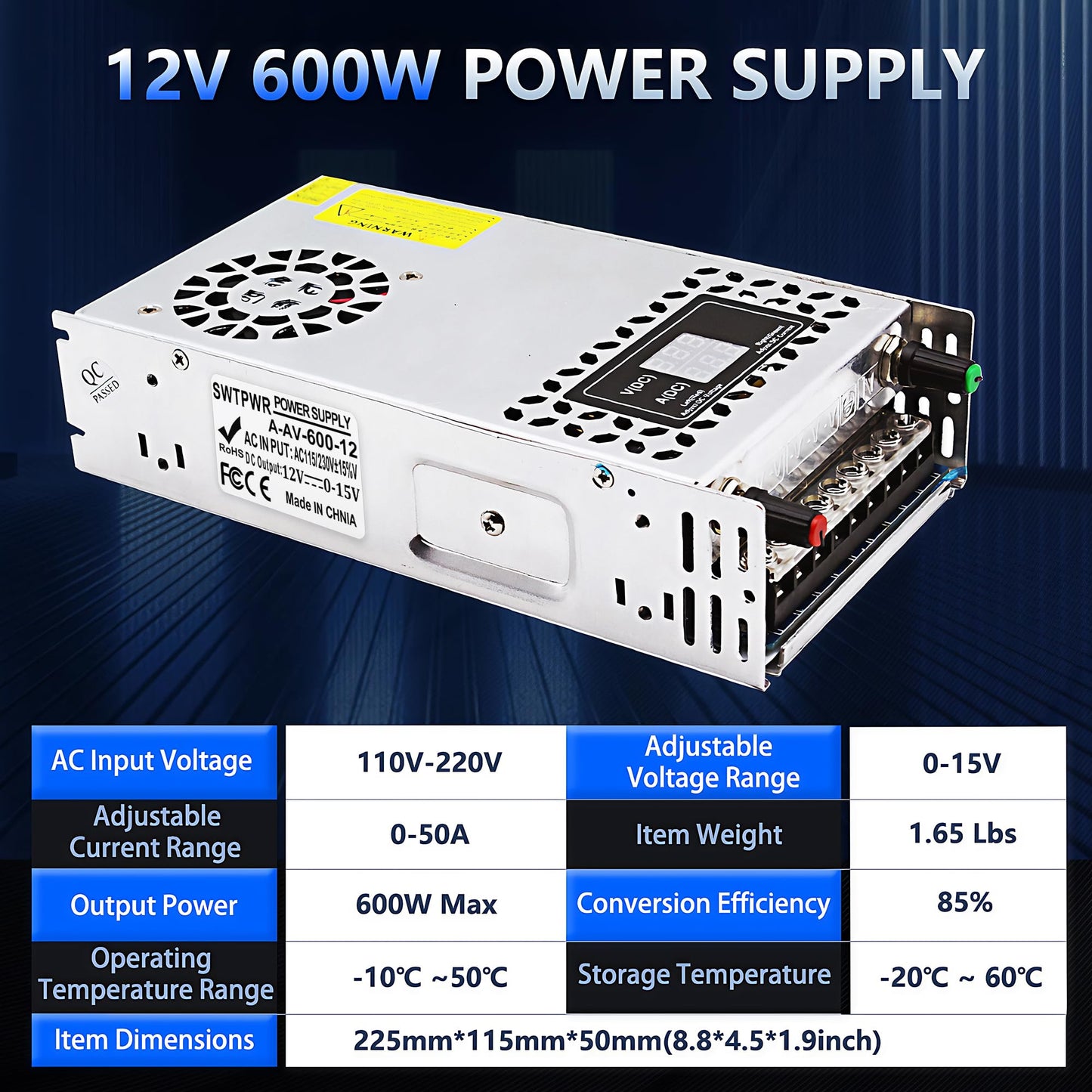 SWTPWR Adjustable Power Supply DC 0-12V 0-50A 600W with LED Display 12V Power Supply Variable AC to DC Converter 110V to 12V Designed for LED Light…