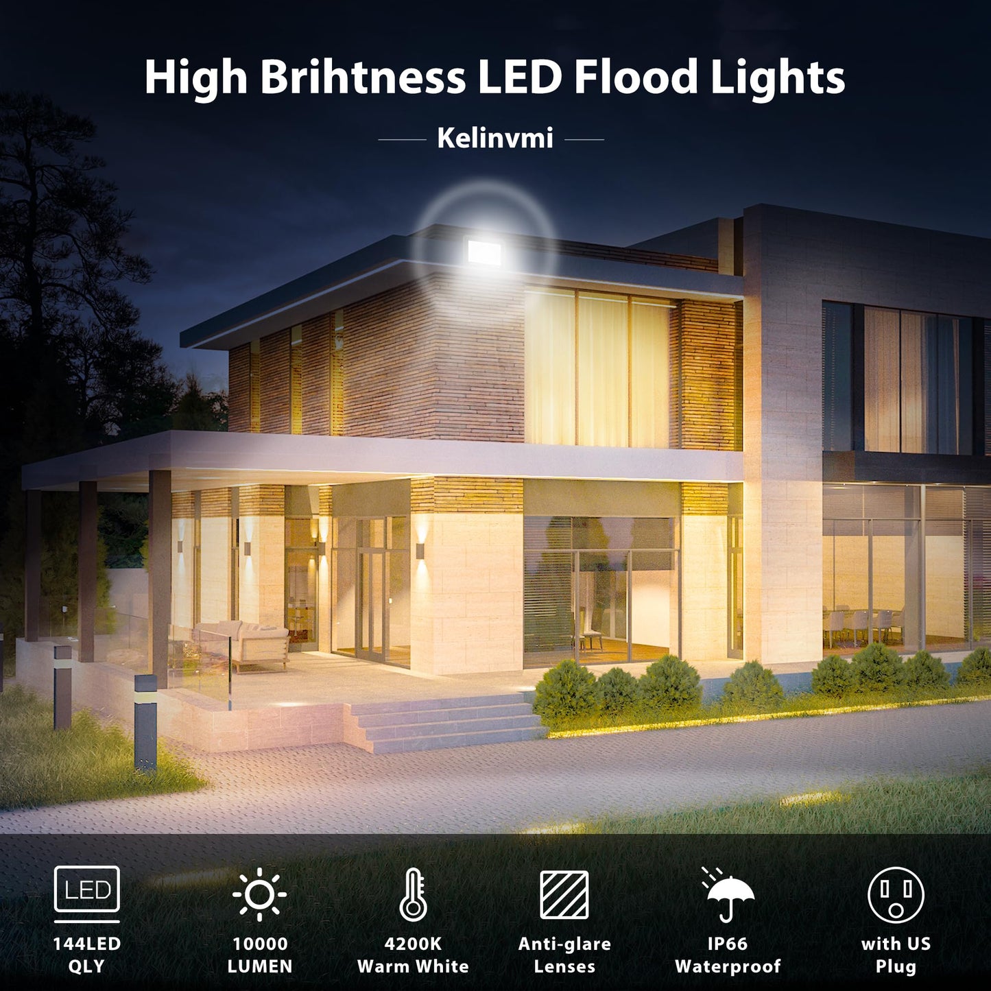 KELINVMI 100 W Outdoor LED Floodlight, 10000 lm LED Floodlight, 4200 K Warm White IP66 Waterproof Outdoor Lighting for Garden, Garage, Home, Yard, 50
