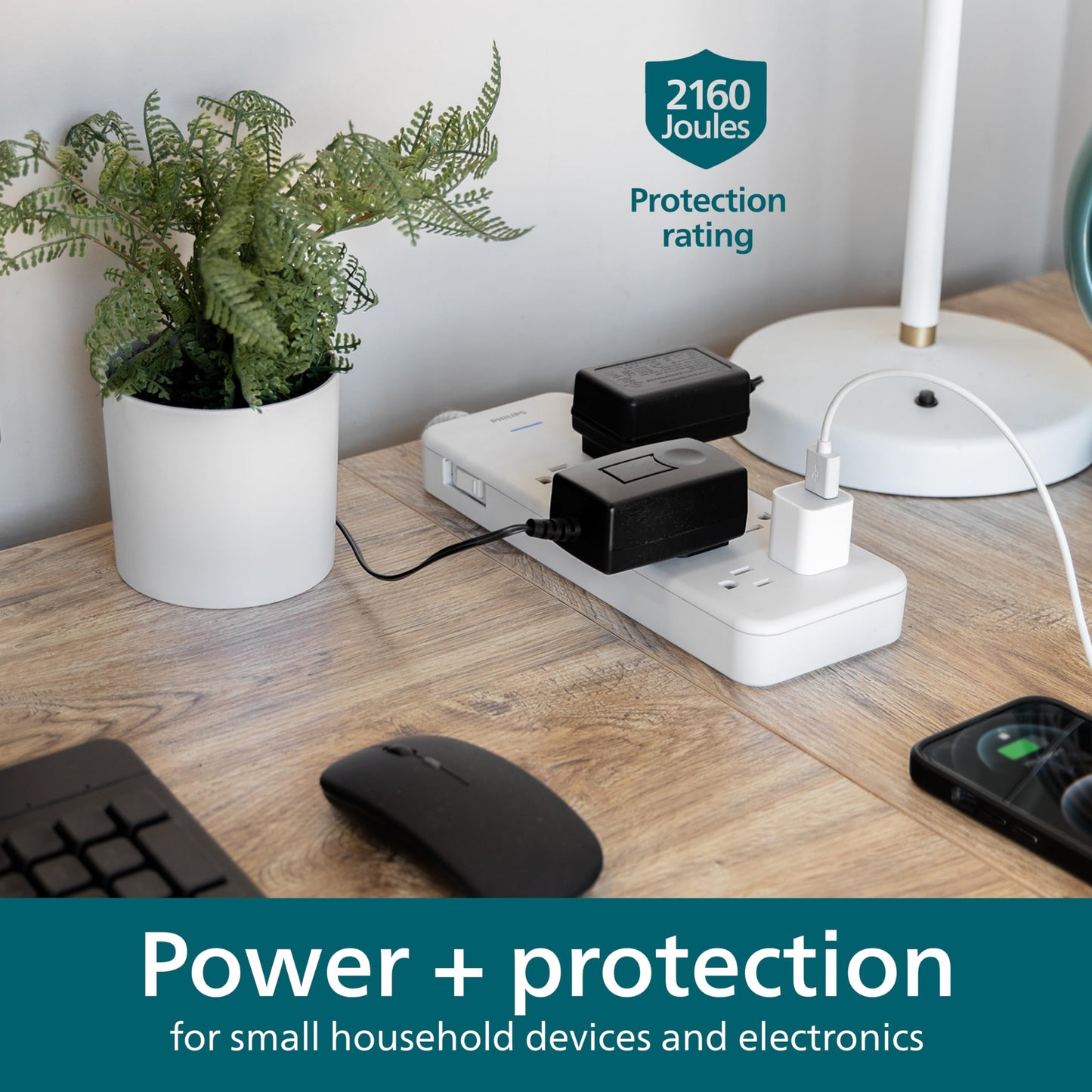 Philips EZFit 8-Outlet Surge Protector Power Strip, 8 Ft Braided Extension Cord, Widely Spaced Outlets, Flat Plug, for Home Office Dorm Essentials