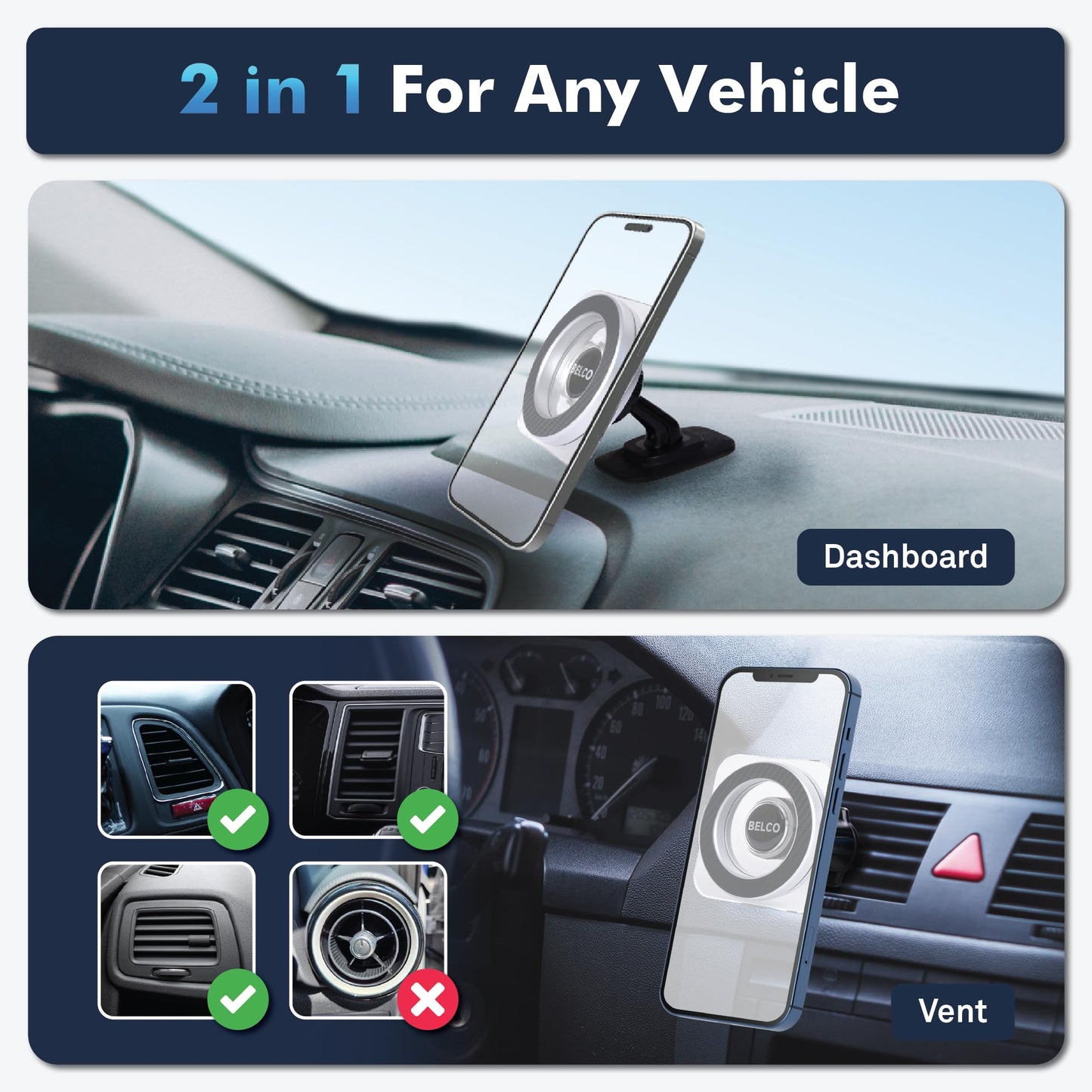 BELCO Magnetic Phone Holder for Car - Adhesive Car Phone Mount with 360-degree Rotation for Dashboard and Air Vent - Compatible with iPhone