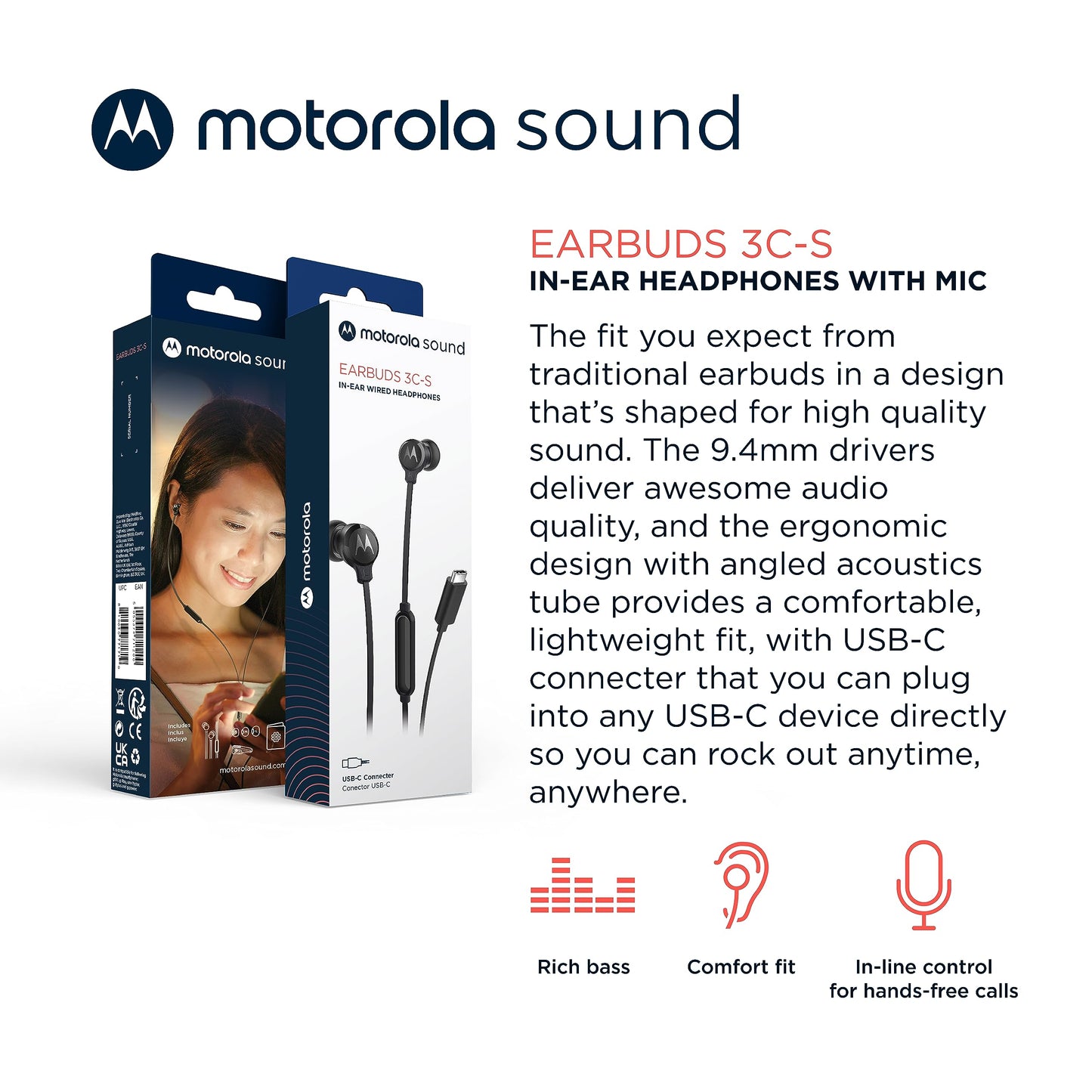 Motorola Sound 3C-S Wired Earbuds with Microphone - Lightweight Silicone Corded Earbuds with Non-Tangle Flat Cable, USB-C Cord, Clear Bass Sound…