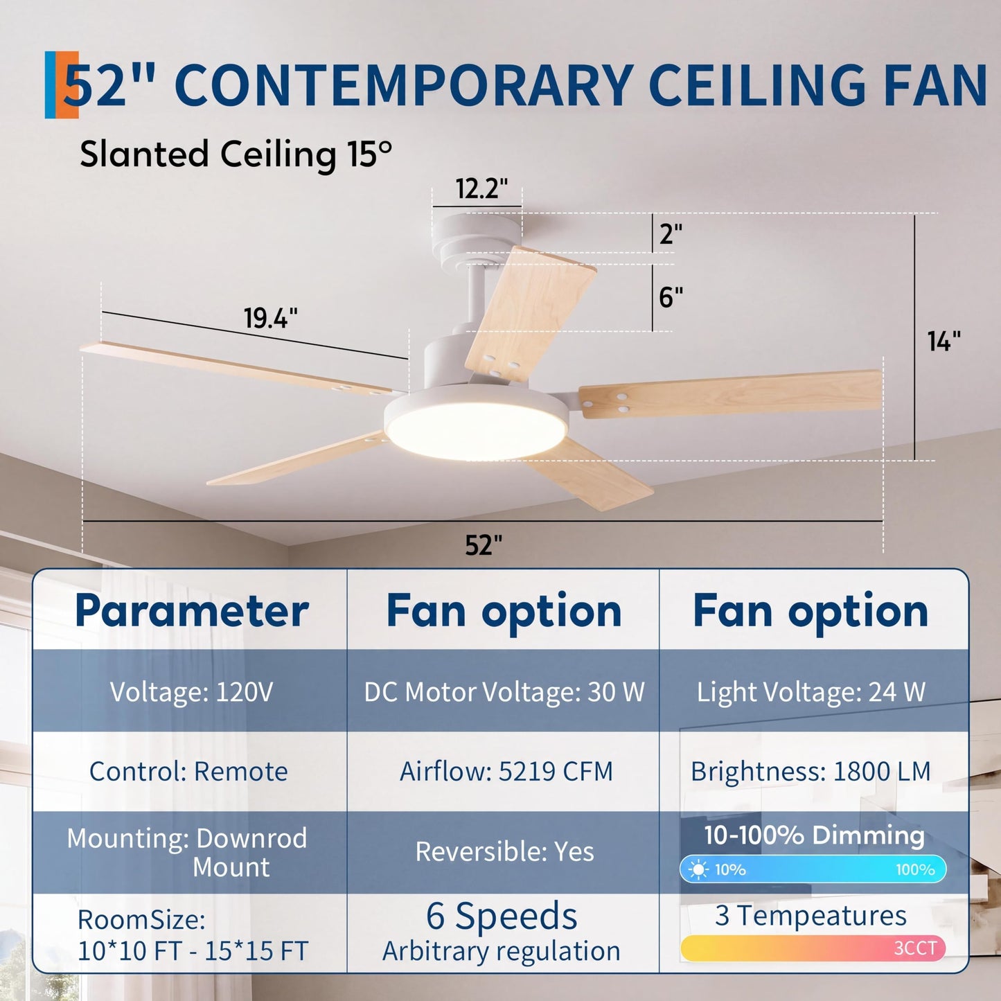 JustSmart 52'' Ceiling Fan with Light & Remote