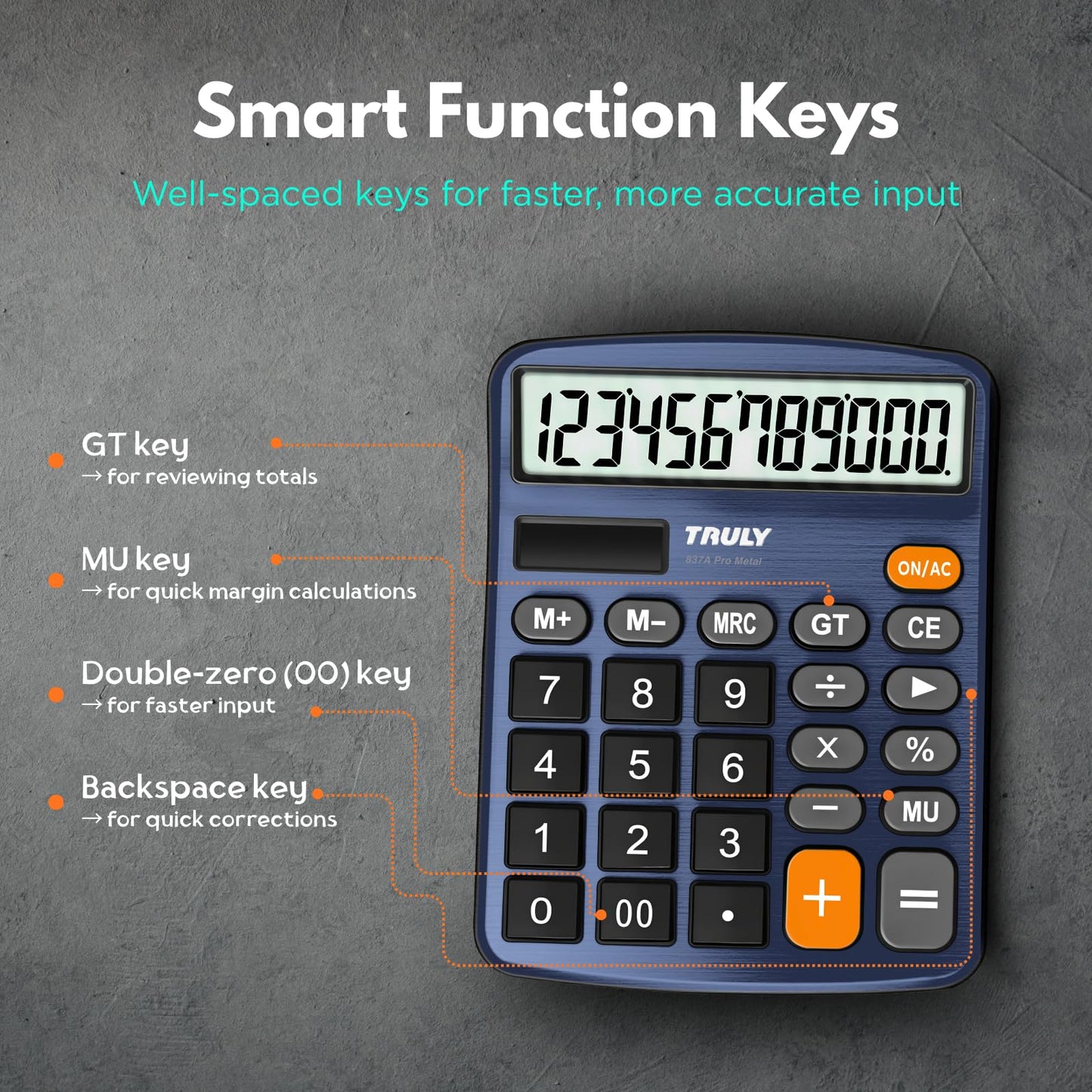 TRULY 12 Digits Desktop Calculator with Large LCD Display and Sensitive Button, Dual Solar Power and Battery, Standard Function for Office, Home