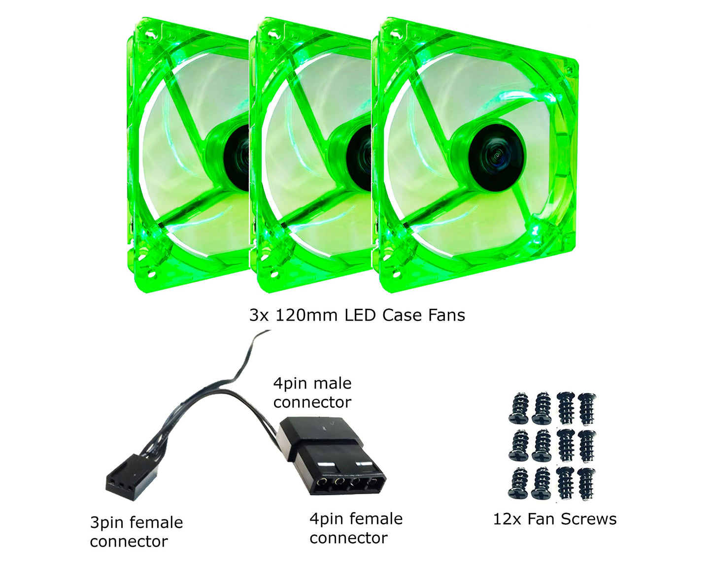 Apevia CF312SL-UGN 120mm 4pin Molex + 3pin Motherboard Silent Green LED Case Fan (3-pk)
