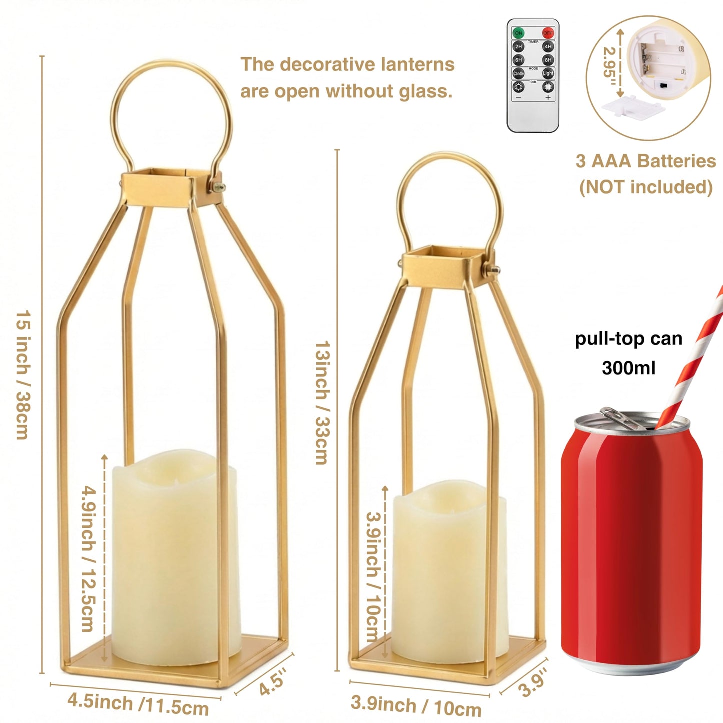 Perfnique Modern Farmhouse Lantern Decor, 15'' 12.6'' Set of 2 Gold Metal Lanterns, 2 LED 6hr Timer Flameless Candles ? Remote Timer, Lanterns