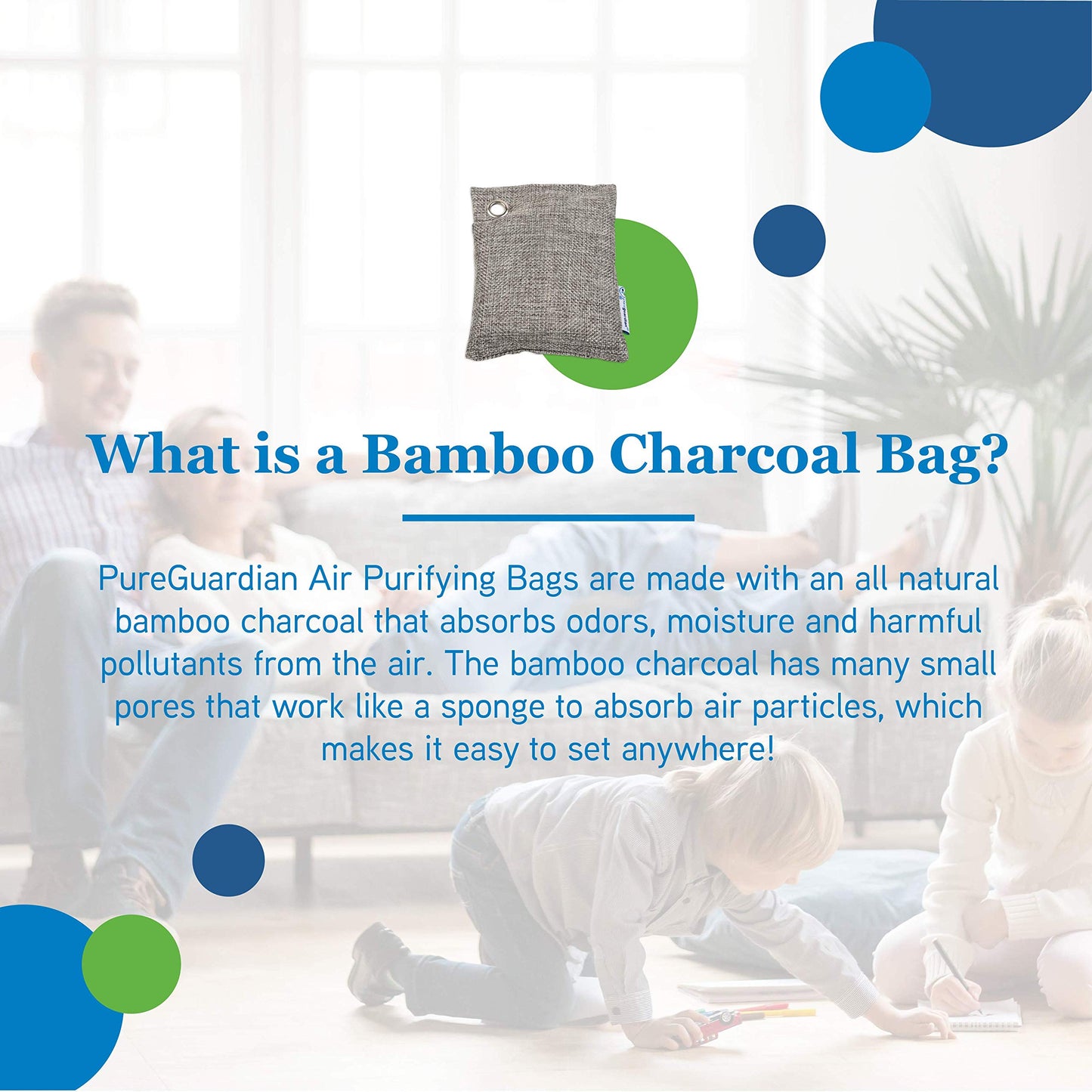 PureGuardian CB100 Bamboo Charcoal Air Purifying Bag, Eco-Friendly, Naturally Absorbs Odors, Excess Moisture and Pollutants, 100g, 4-Pack, Gray