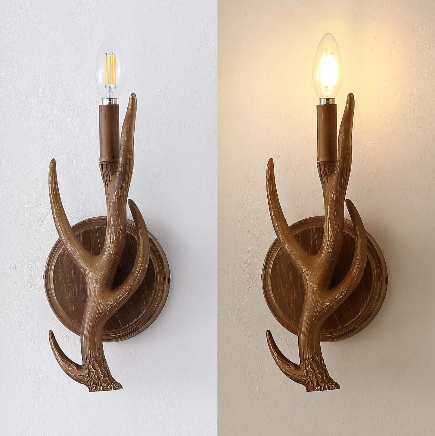 JONATHAN Y 5.5" Brown 1-Light Wood Finish Faux Antler LED Vanity Light Set of 2, Rustic Wall Sconces for Bathroom Mirror Hallway, Southwestern