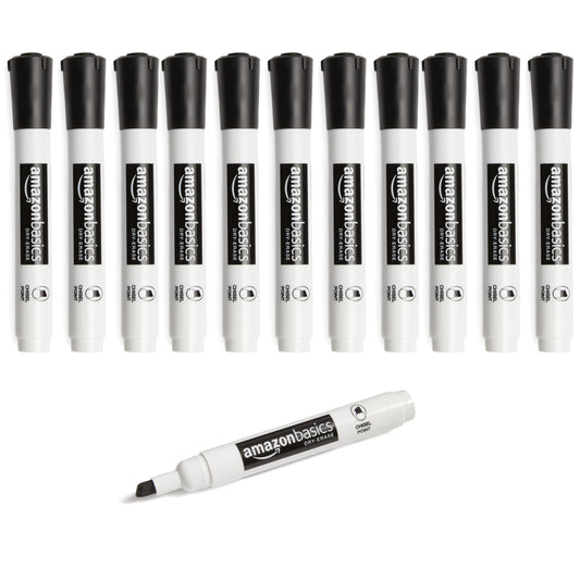 Amazon Basics Lowe-Odor Dry Erase Whiteboard Markers, Chisel Tip, Quick-Dry, Black, 12-Pack