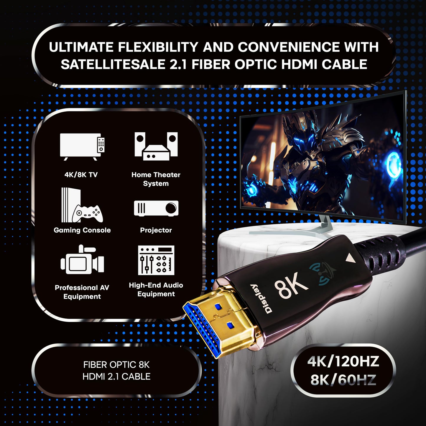 SatelliteSale Digital Fiber Optic 8K HDMI 2.1 Cable 8K/60Hz 48Gbps Universal Wire PVC Black Cord 330 feet
