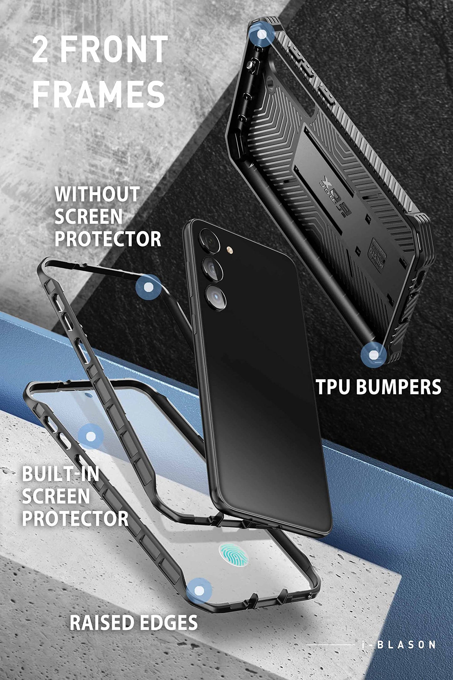 i-Blason Armorbox for Samsung Galaxy S23 Case with Stand & Belt-Clip [Built-in Screen Protector] [2 Front Frames] [Military-Grade Protection]