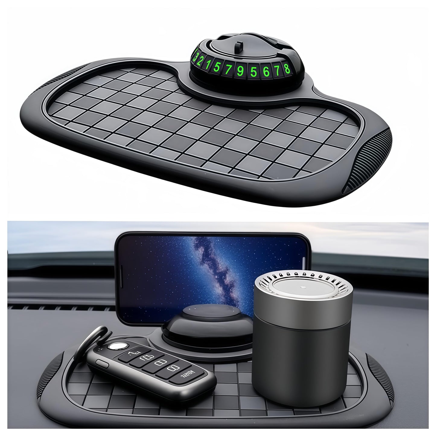 Vilhunase Multifunctional Car Anti-Slip Mat 360° Rotatable Phone Holder Hidden Temporary Parking Number Plate Anti-Slip and Storage Mat(Black-Gray