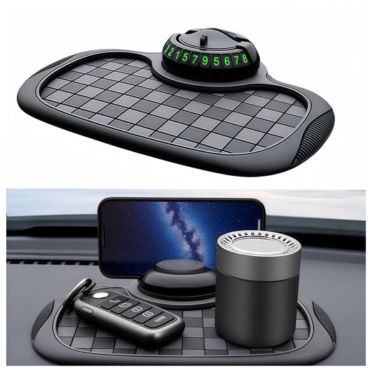 Vilhunase Multifunctional Car Anti-Slip Mat 360° Rotatable Phone Holder Hidden Temporary Parking Number Plate Anti-Slip and Storage Mat(Black-Gray