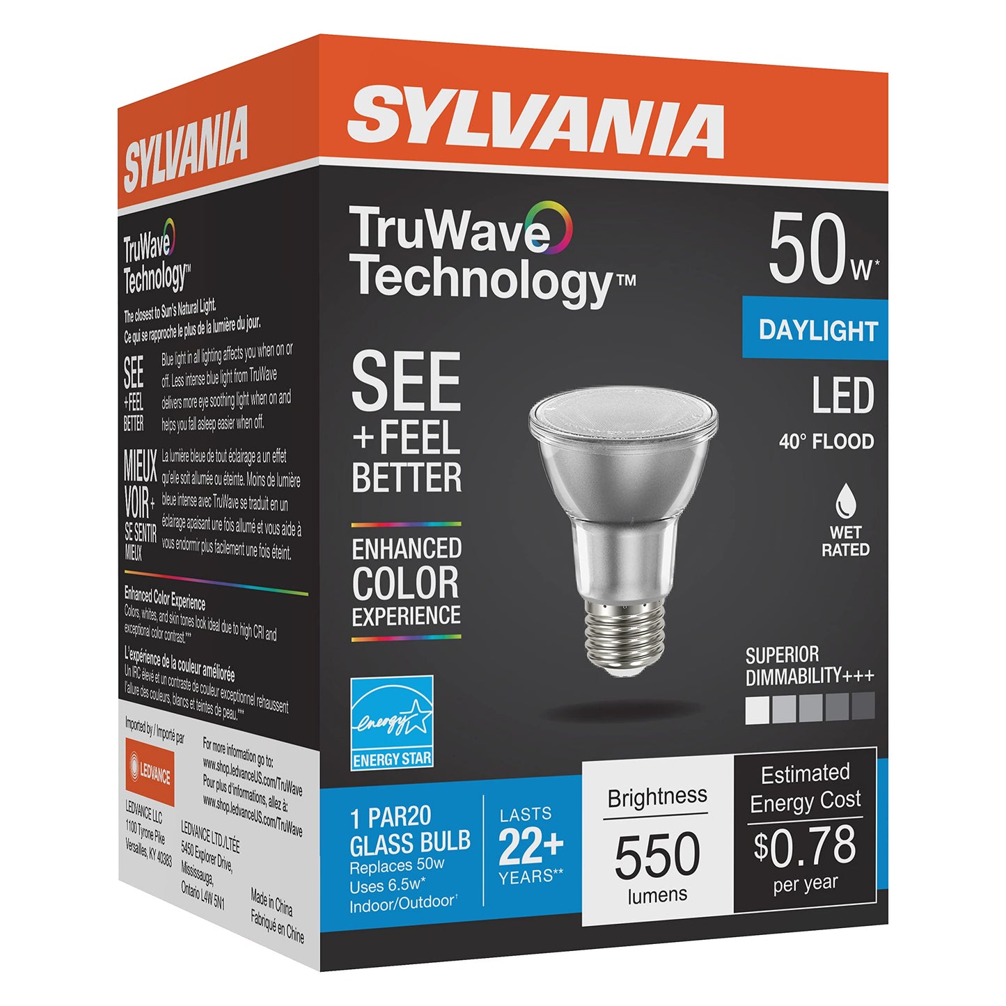 Sylvania LED TruWave Natural Series PAR20 Light Bulb, 50W Equivalent, Efficient 6W, Medium Base, Dimmable, 5000K, Daylight - 1 Pack (40921)