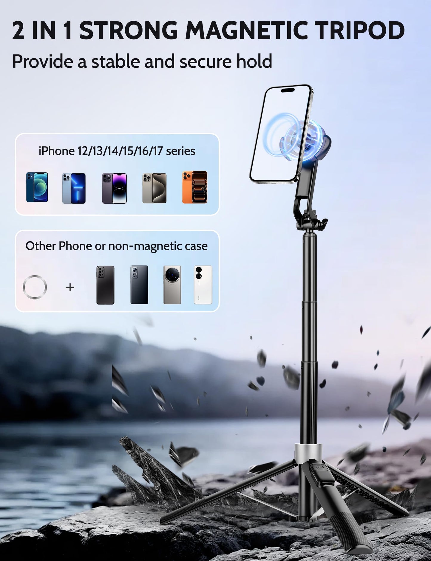 68" Magnetic Tripod for iPhone Magsafe, Phone Tripod & Selfie Stick with Rechargeable Remote for iPhone/Android/Camera, Portable Cell Phone Stand