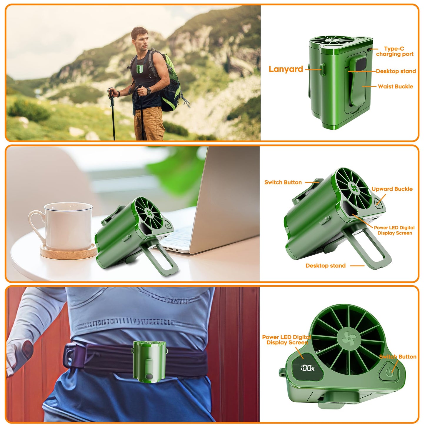 Portable Walst Fan Cip on Wearable Belt Personal Fans, Mini Personal Fans