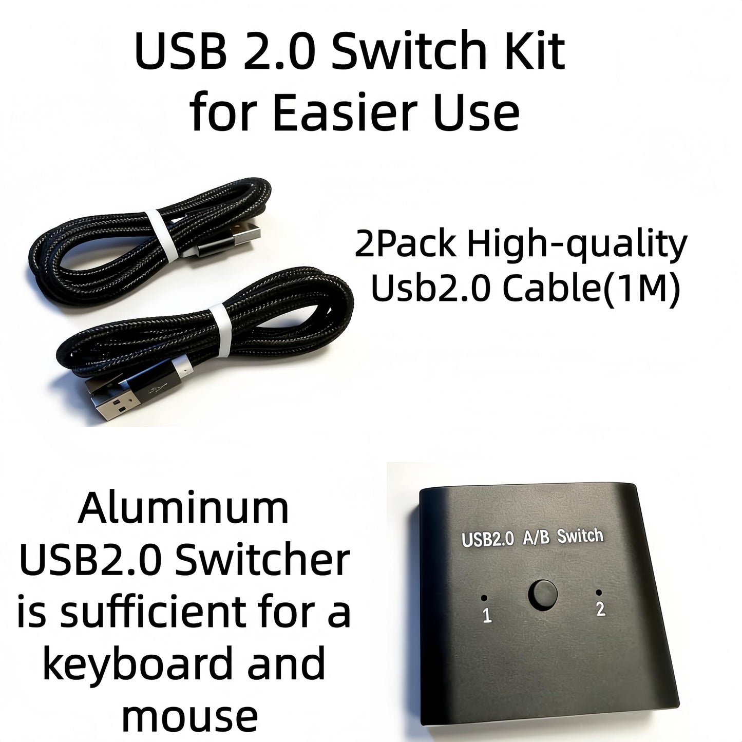 USB2.0 Switch with 2Pack Usb2.0 Cable(1M), Bi-Directional 1 in 2 Out/2 in 1 Out,Aluminum USB Switcher kit for 2Computers Share Devices(Printer