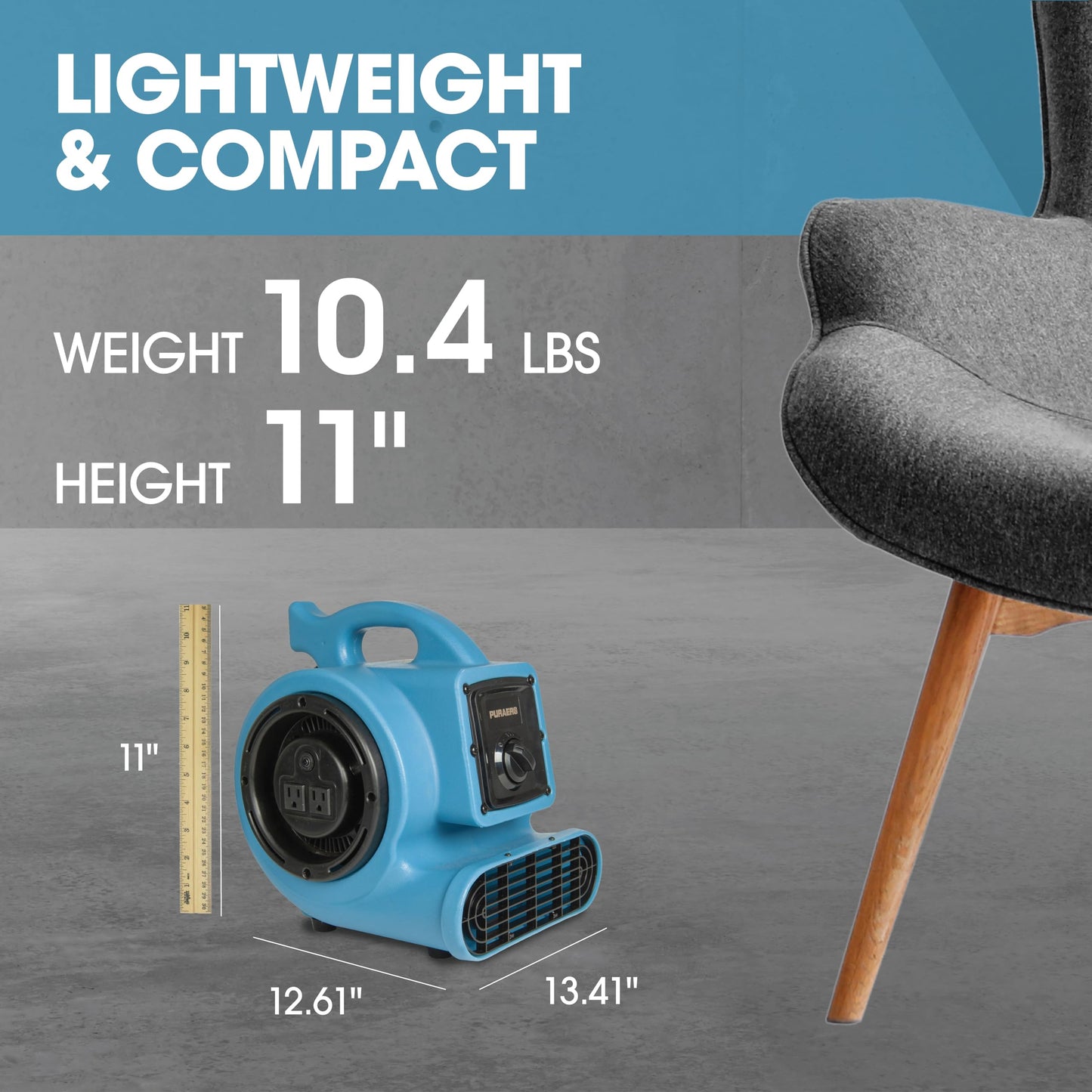 PURAERO Mini Air Mover | Carpet Dryer and Blower Fan | High-Velocity Floor Fan for Crawlspaces, Attics, Basements, Bathrooms | 1/5 HP 800 CFM | Water