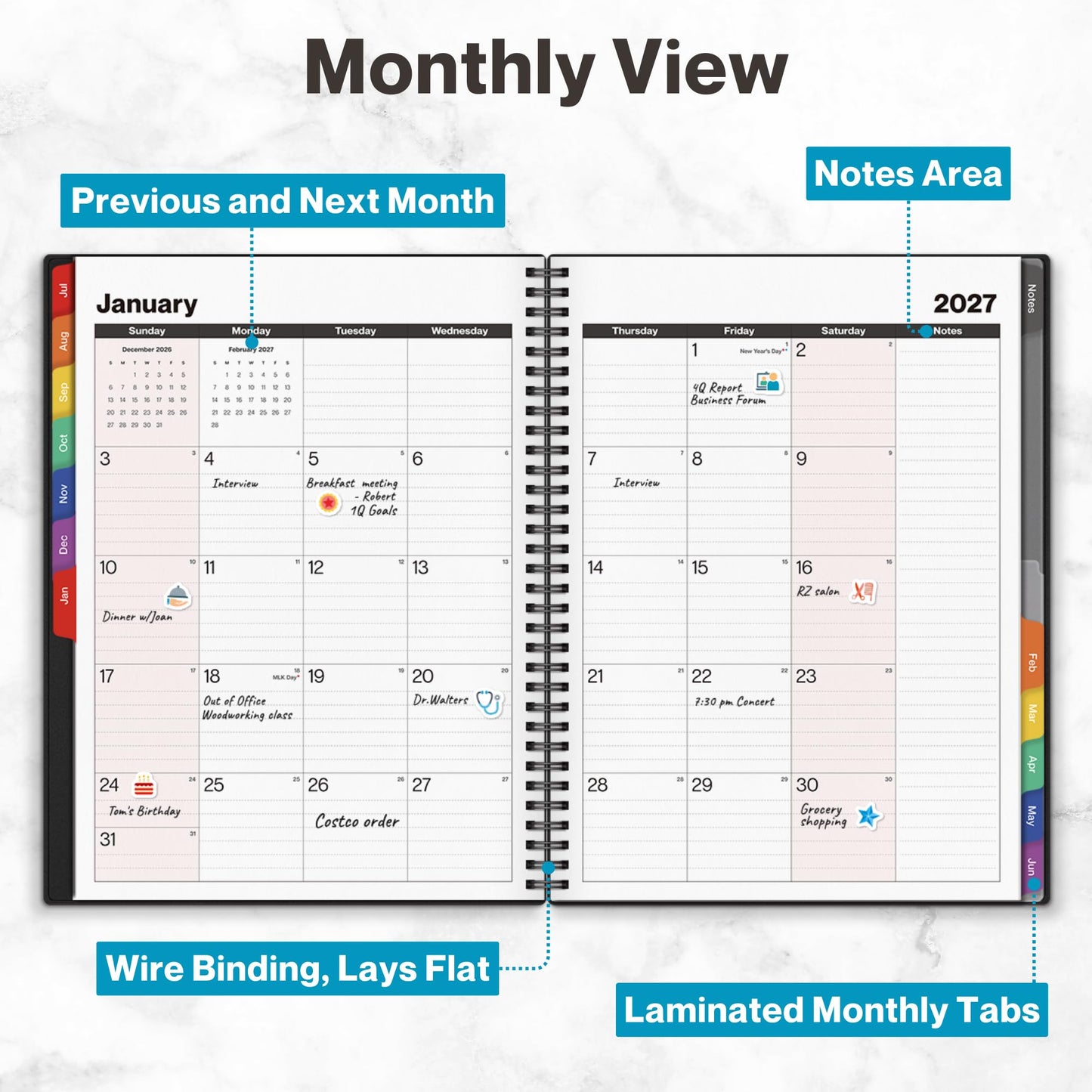 Dunwell Planner 2026-2027 8.5x11, July 2026 to June 2027, Weekly and Monthly Academic Year Planner Calendar, Flexible Cover, Wirebound, Laminated Tabs