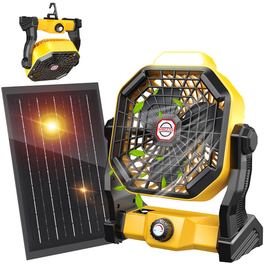 JINLICTE Solar Fan with LED Lantern, Camping Fan with 7W Solar Panel, Rechargeable Solar Powered for Outside, Quiet Battery Operated Tent for Picnic