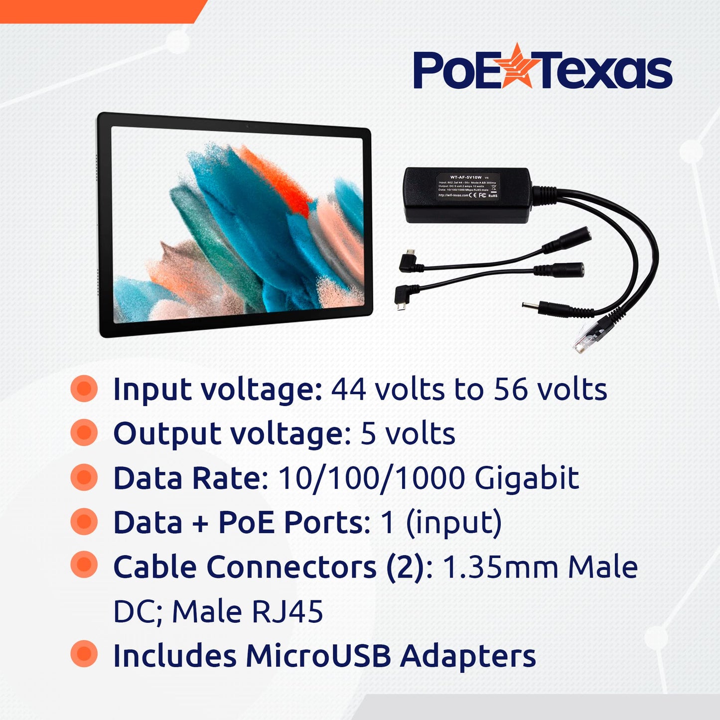 PoE Texas 802.3af Power Over Ethernet PoE Splitter + MicroUSB Connectors, 5 Volts 10 Watts Output & Gigabit Data - for 5V Power to Tablets, Dropcam