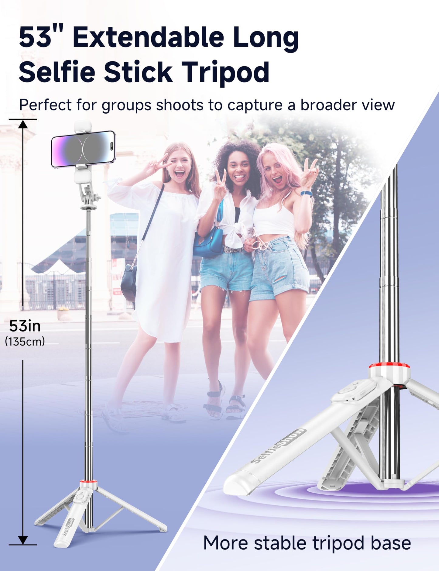Selfie Stick Tripod with 2 Light, 3 Light Modes & 6 Brightness Levels Extendable Phone Tripod with Detachable Remote & Phone Holder, Portable Camera