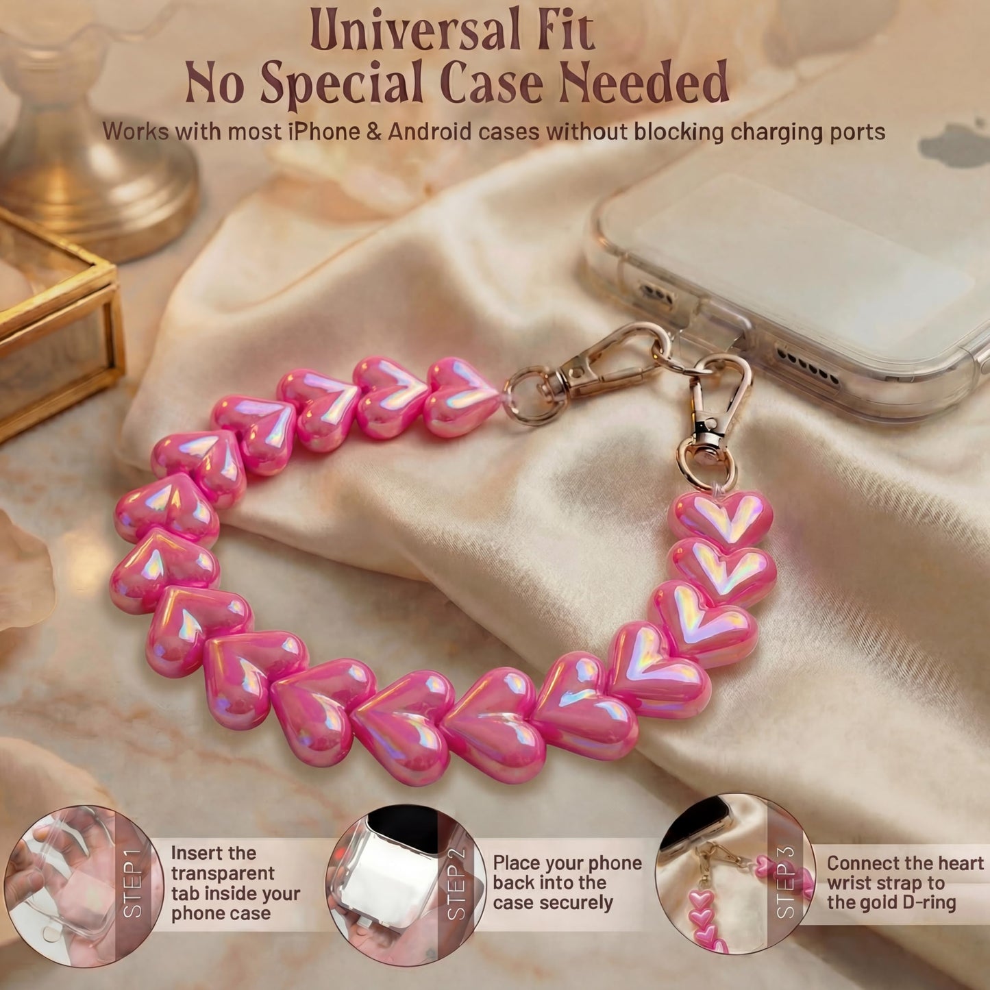 Lokaya Heart Beaded Phone Wristlet | Phone Wrist Strap With Tether Tab | Cute Accessory for Phone, AirPods, Bag, Keys, Cameras - Hot Pink