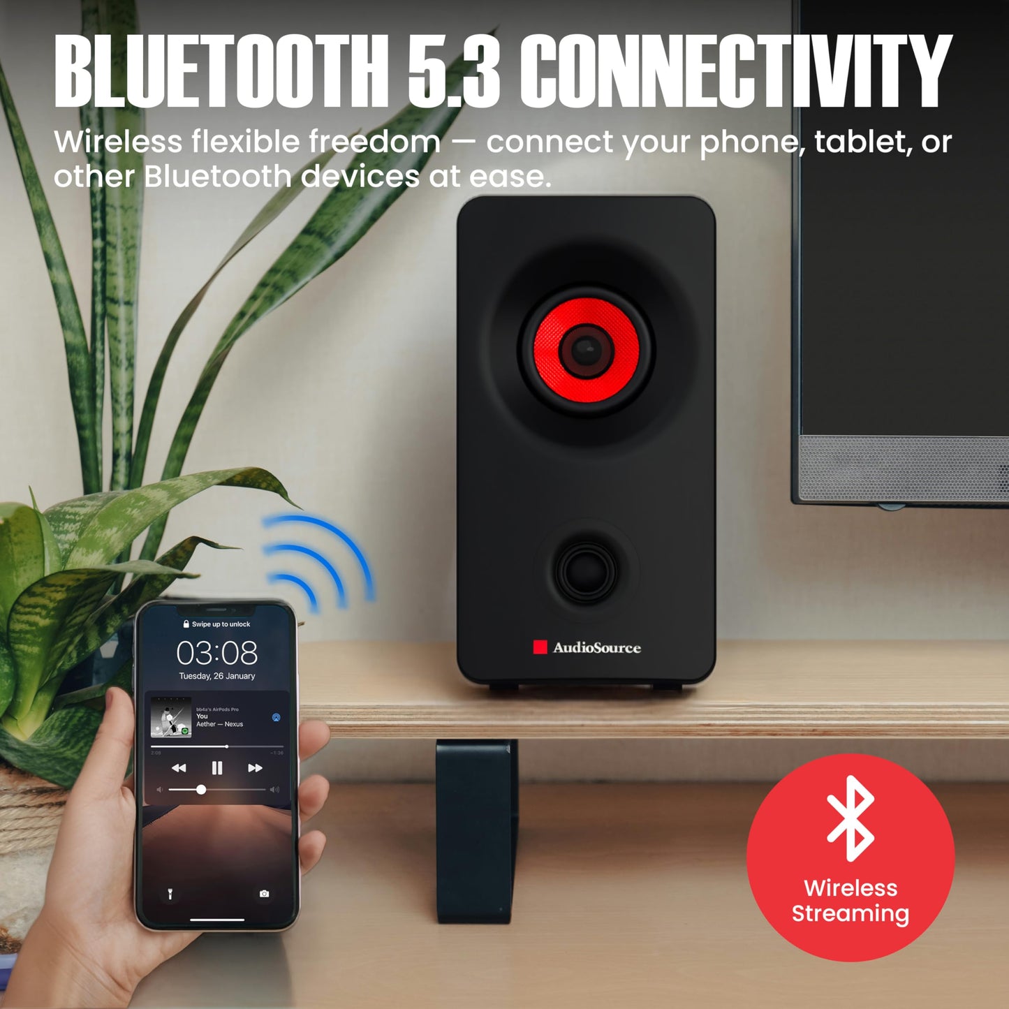 Audiosource Desktop PC Speakers with Bluetooth 5.3, USB-C Plug & Play, 2.0 Stereo Computer Speakers with Dual 2" Drivers, AUX Input, LED Indicator