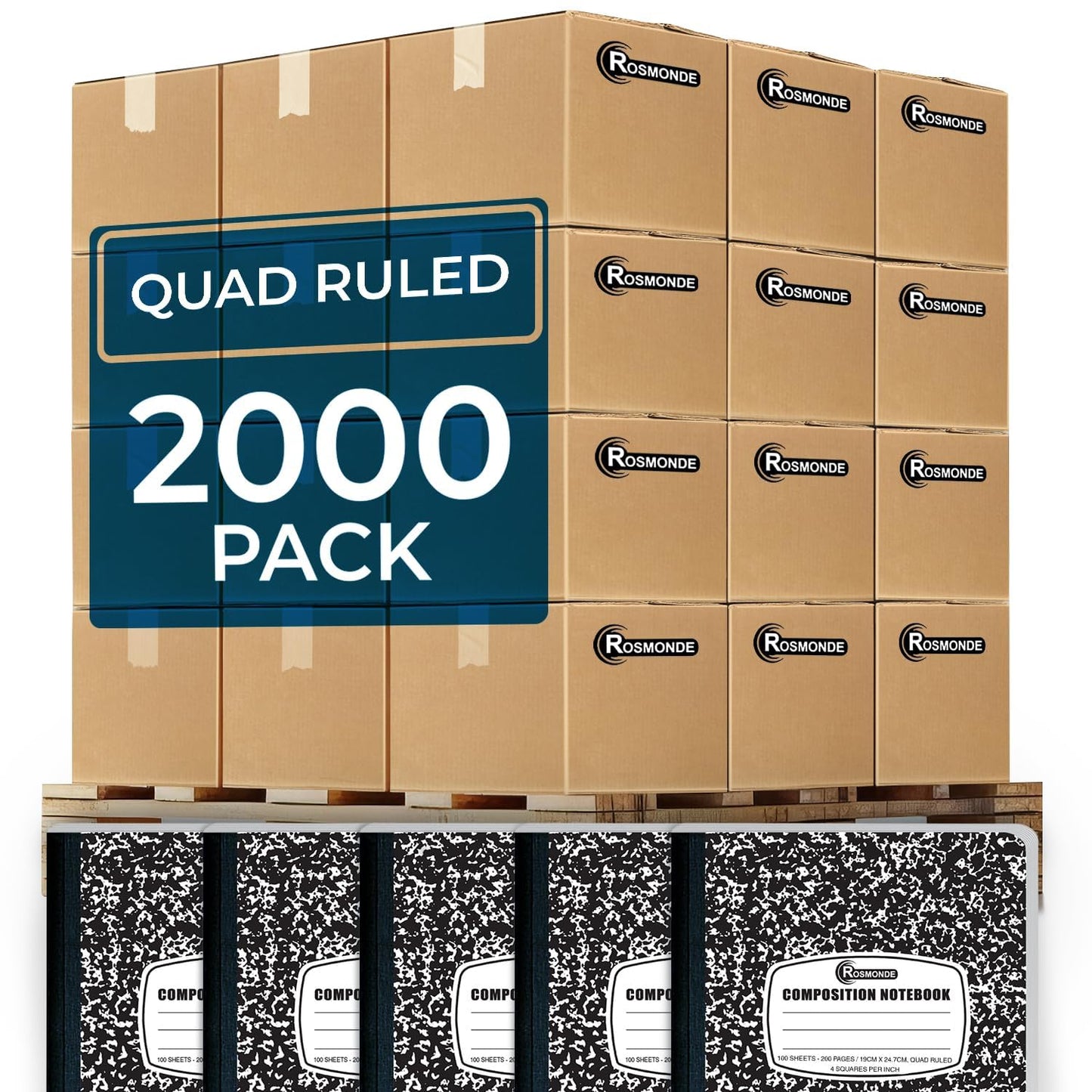Rosmonde Composition Notebooks Bulk, 2000 Pack, Quad Ruled, Black Marble