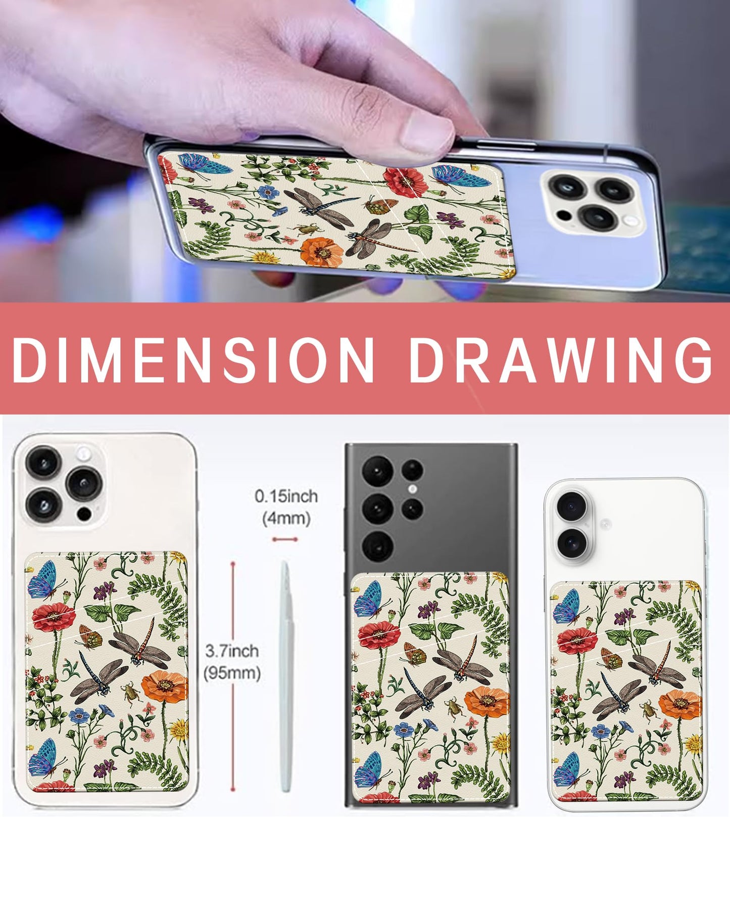 AOHRO Phone Card Holder, Dual Pocket Leather Phone Wallet Adhesive Stick On, Cute Card Holder, Credit Card Holder for Phone Case Retro Insects
