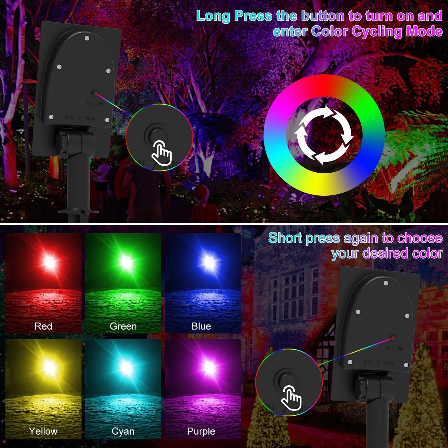 T-SUNUS RGB Solar Spot Lights Christmas, Metal Color Changing Landscape Spotlights IP65 Waterproof Spotlight 2-IN-1 Separated Panel for Outdoor