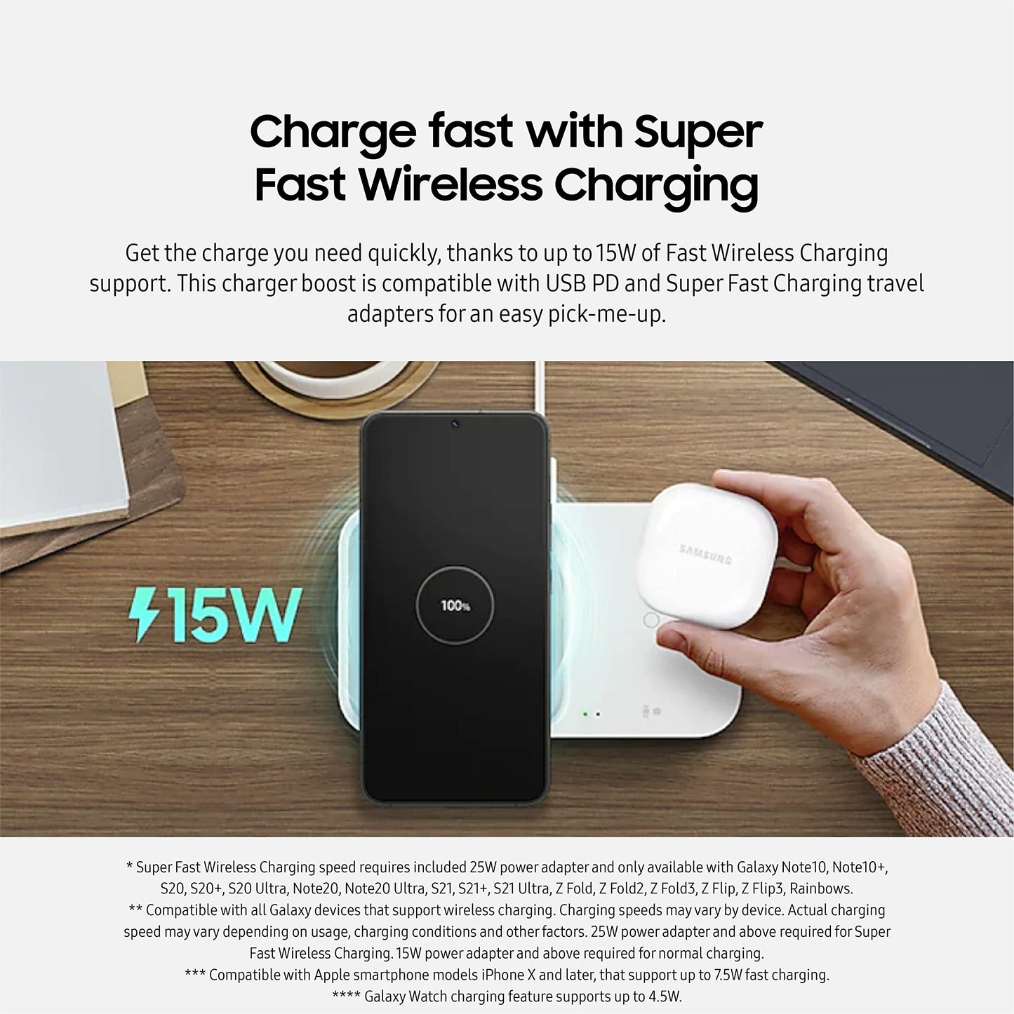 Samsung 15W Wireless Charger Duo w/USB C Cable, Dual Charging, Cordless Super Fast Charging Pad for Galaxy Phones and Devices, Compact Design, LED