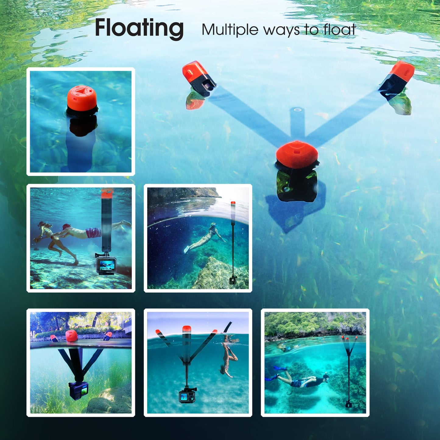 SOONSUN 4in1 Floating Selfie Stick Tripod for GoPro Hero 13 12 11 10 9 8 7 6 5 4 3, Max, AKASO, Osmo Action 3/4/5 Pro Camera - As Waterproof Extension