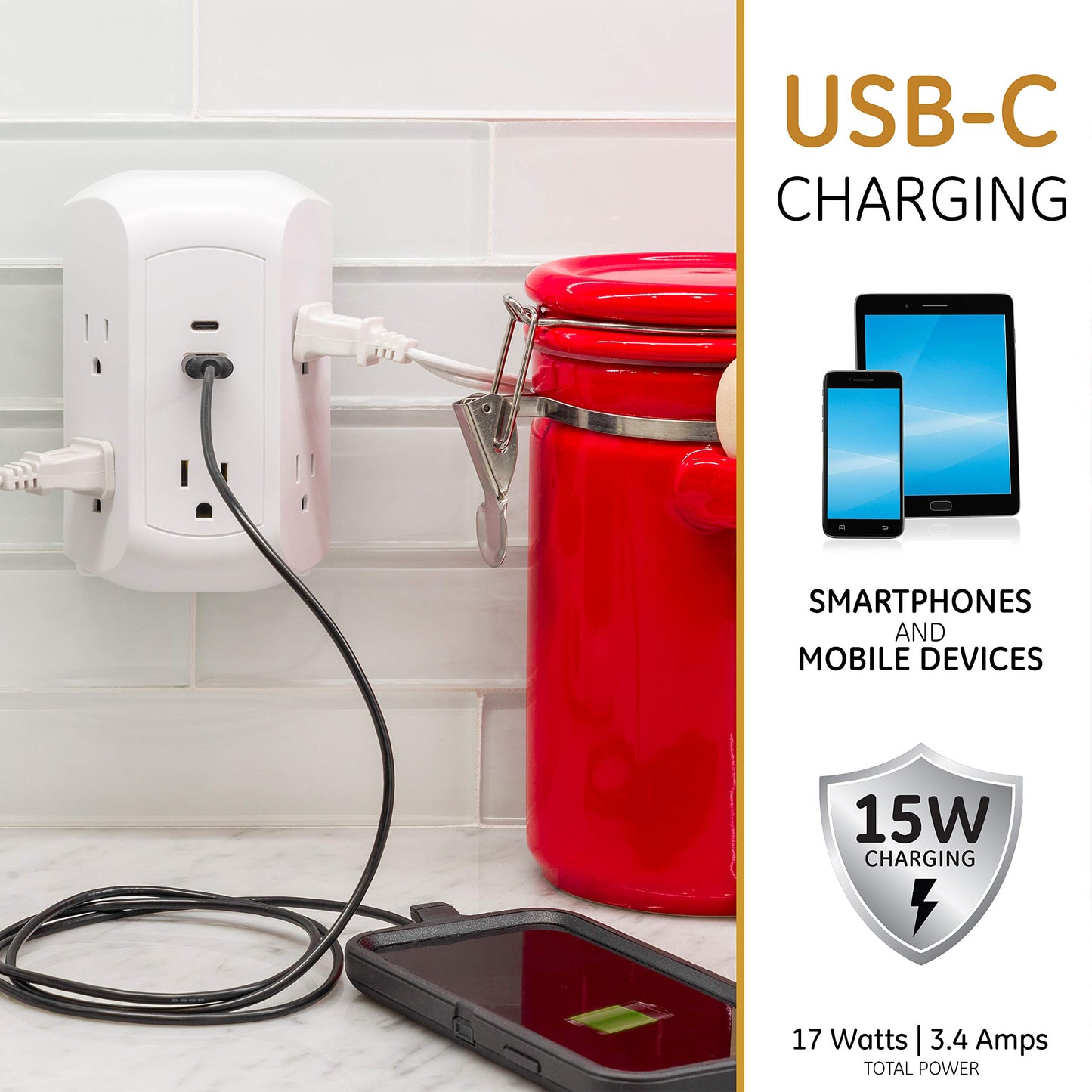 GE UltraPro 5-Outlet Extender with USB and USB-C Port, Surge Protector, Spaced Wall Tap, Side-Access, Charging Station, for iPhone/iPad/Samsung