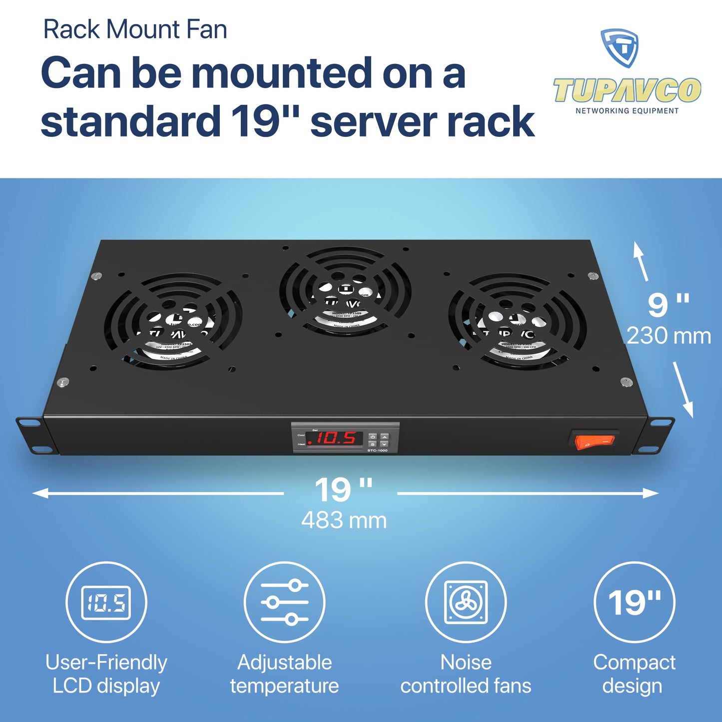 Rack Mount Fan - 3 Fan Server Cooling System - 1U 19" Rackmount Cabinet Panel Adjustable Temperature Control (Digital Heat Monitor Display) Sensor