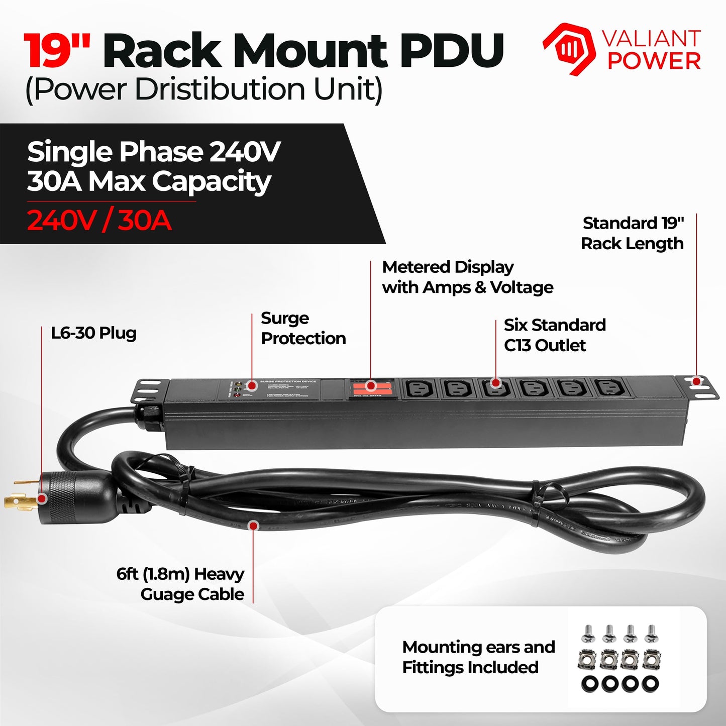 Valiant Power Rack Mount Power Strip - 240V 30A Single Phase PDU with Built-in Surge Protector, Volt & Amp Meter for Data Center - 19” Metal Housing